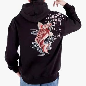Niepce Japanese‎ Streetwear Black Hoodie with Red Koi Fish Embroidery Design L